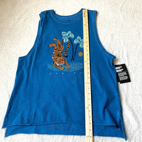 Hurley Tiger Tree Tank Top Women M Teal Blue Biker Cottagecore Raw Hem Beach NWT - Picture 8 of 10